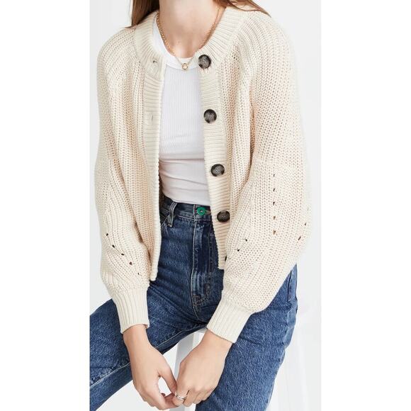 525 America Balloon Sleeve Cardigan Size XS Cream Cotton Old Money Quiet Luxury - Picture 1 of 14